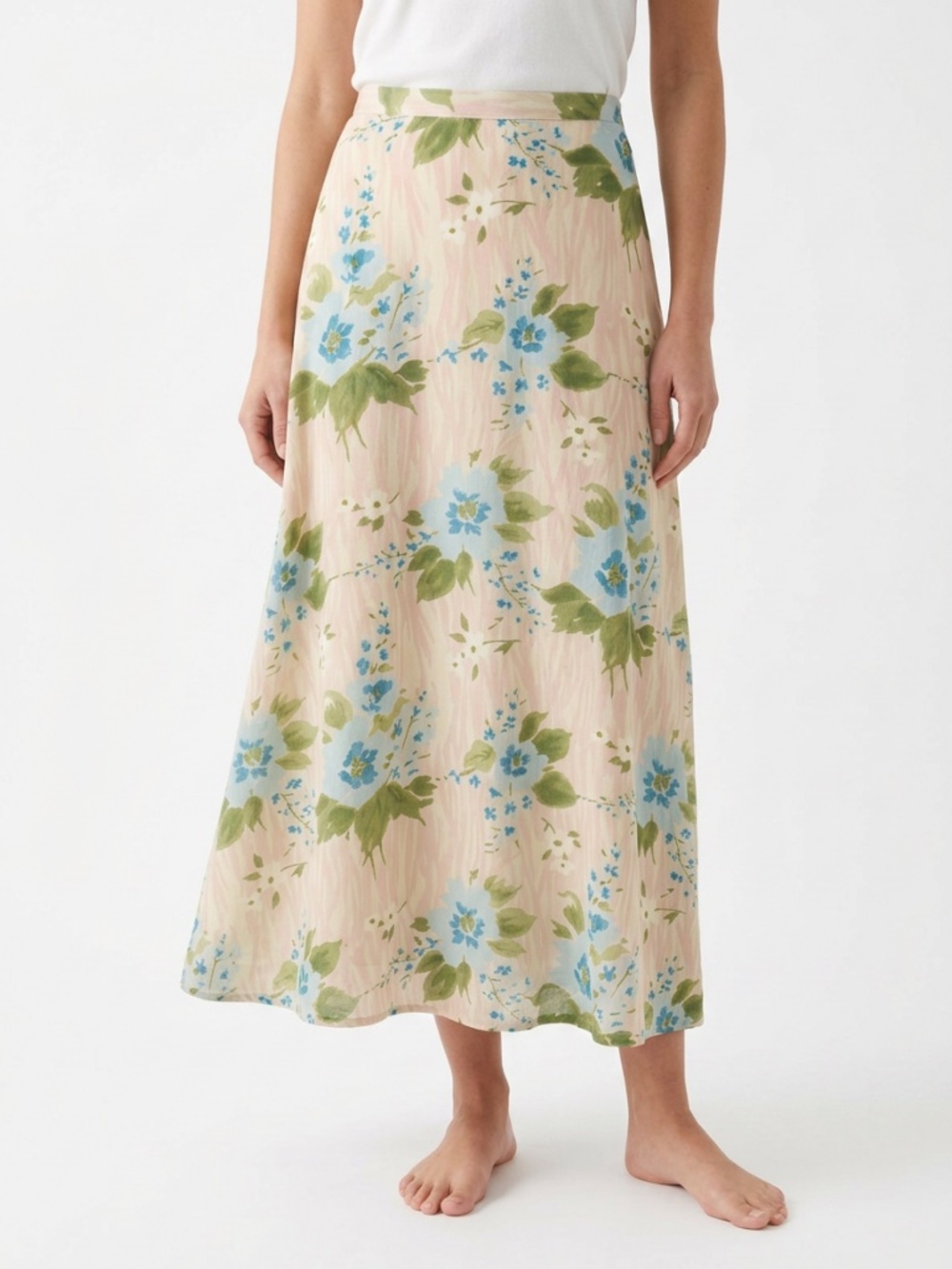 Pretty Women's Floral Maxi Skirt Spring & Summer Cream White Blue Flowers Medium